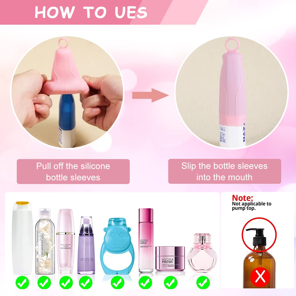 MAYCREATE Elastic Travel Bottle Sleeves for Toiletries with Pull Handle | 8Pcs Reusable Silicone Leakproof Covers