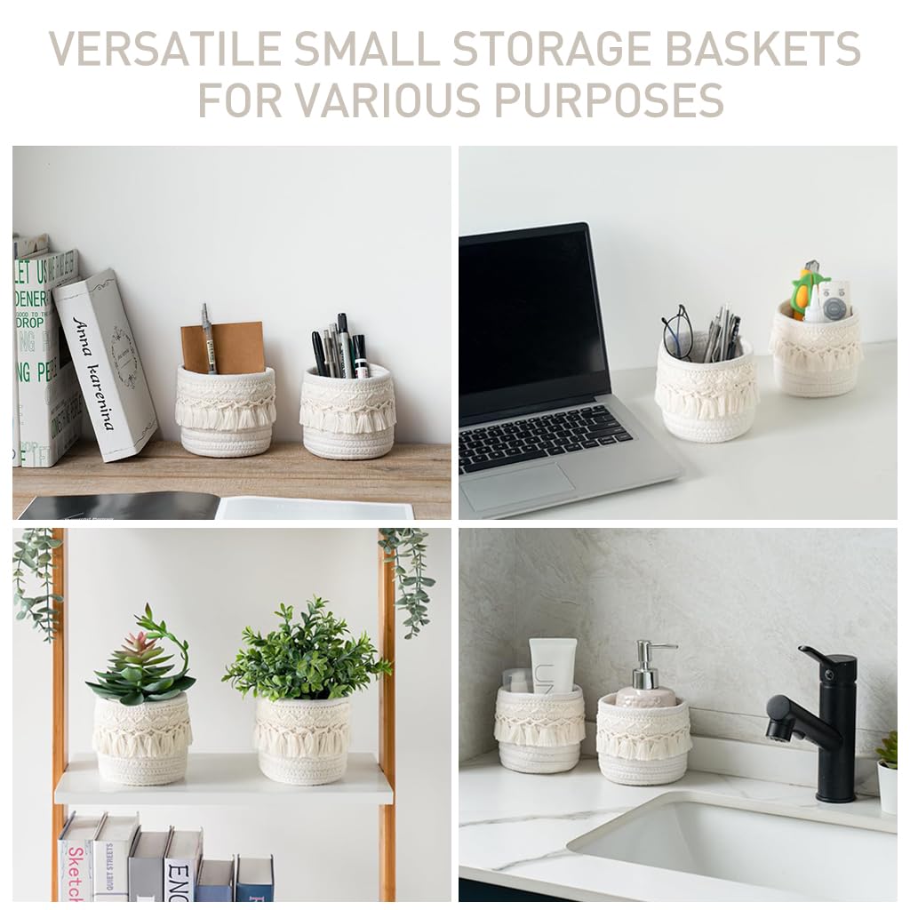 MAYCREATE Macrame Makeup Brush Holder Organizer Boho Desk Mini Storage Basket Table Cotton Rope Tassels Pen Holder for School Office Stationeries Storage Container - Ivory