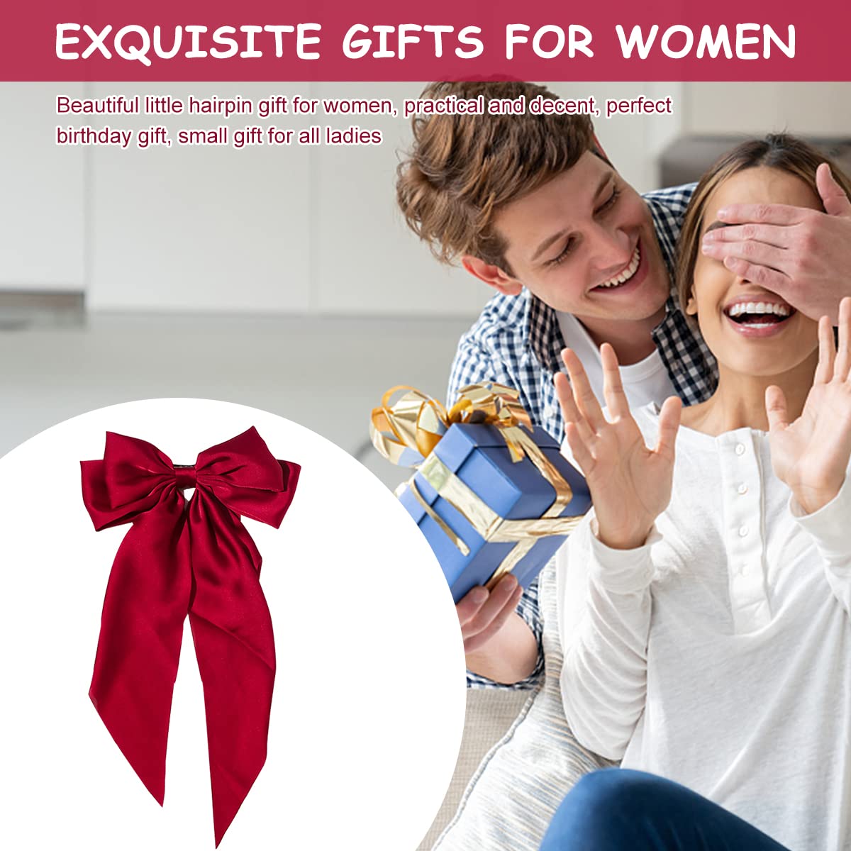 MAYCREATE Large Satin Hair Bows for Women Girls Silk-Like Stylish French Bow Hair Clip Bowknot Hair Barrettes Big Ribbon Bow with Long Tail (Red)