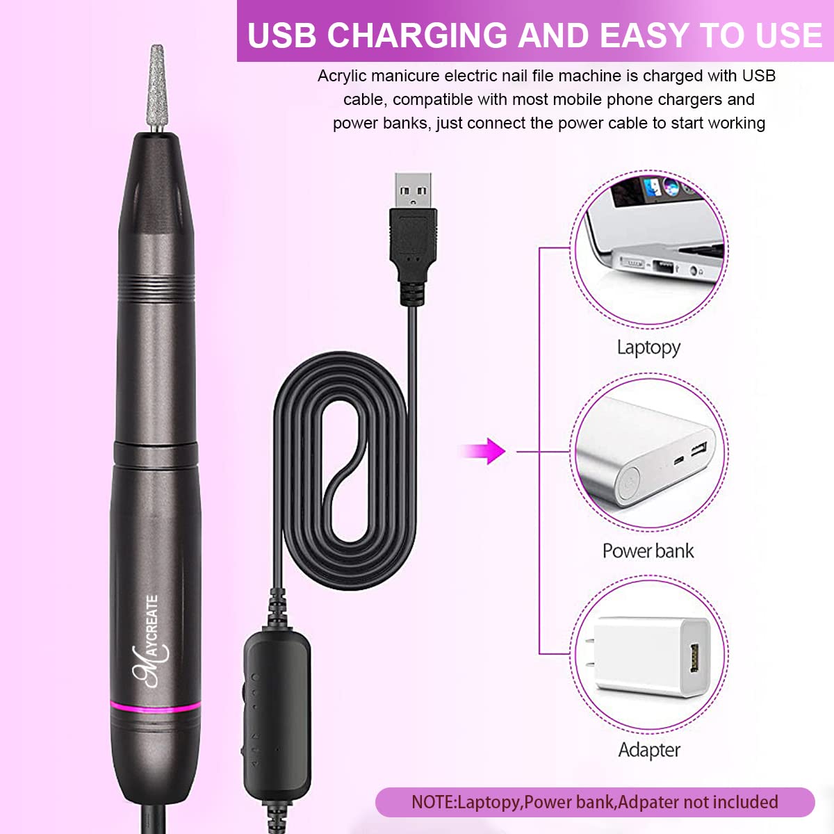 MAYCREATE Nail Drill Machine for Manicure and Pedicure with 20000rpm Speed and 25pcs Bits | Portable Electric Filer for Acrylic Gels and Callus Removal