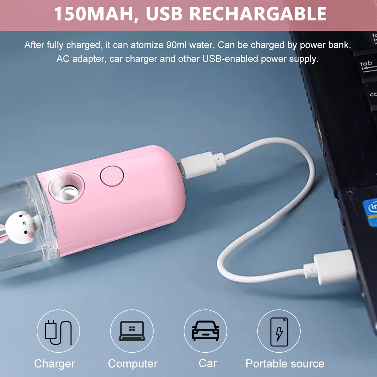 MAYCREATE Facial Nano Mist Sprayer 30ml Portable Mini Face Mist Spray Machine, Cartoon Bunny Design & USB Rechargeable, for Facial Moisturizing Skin Care - Pink