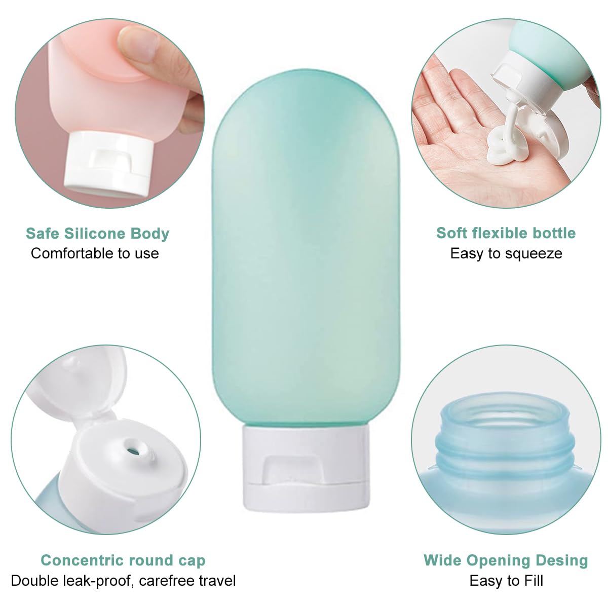 MAYCREATE Travel Toiletries Bottles for TSA Trips with Leakproof Squeeze Caps 6 Pack 60ml | Plastic Refillable Containers