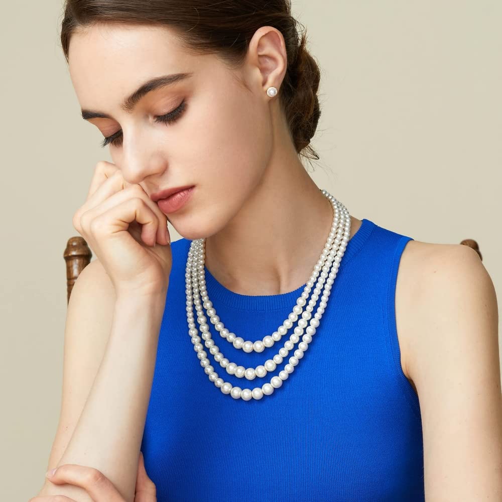 MAYCREATE Pearl Necklace Jewelry for Women Stylish Elegant Three Strand Necklace Jewelry Shinning Faux Pearl Party Long Choker Necklace Jewelry Gift for Women & Girl, 59 inch (White)