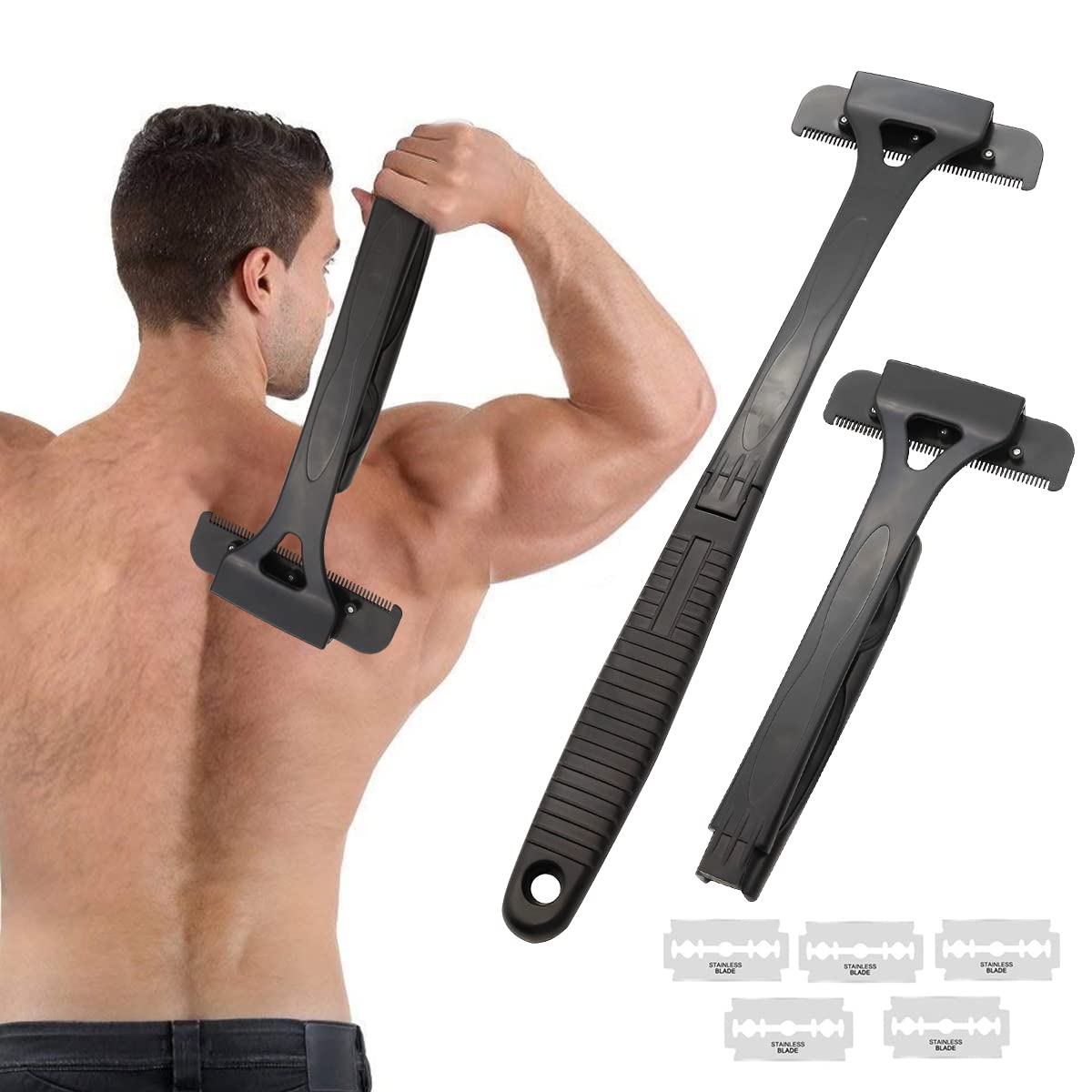 MAYCREATE Back Shaver for Men with 17.5 in Foldable Handle and Screw Fixed Blade Head | Wet or Dry Body Hair Removal