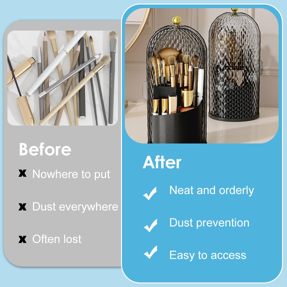 MAYCREATE Makeup Brush Holder for Vanity and Bathroom with 360 Rotating Base | 12.3×27 cm Clear Black Organizer