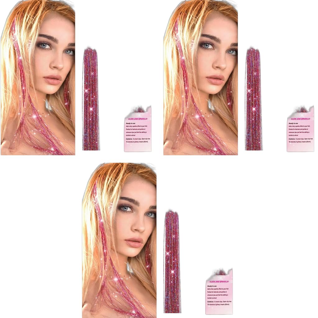 MAYCREATE Hair Tinsel Clip in Extensions with Secure Clips 18PCS 20.5in Pink Strands for Parties and Daily Wear