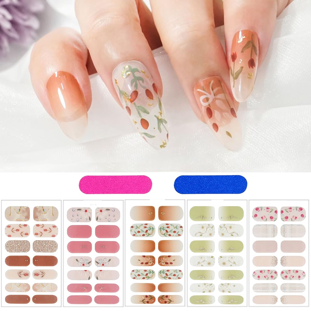 MAYCREATE 5Pcs Full Wrap Nail Stickers Nail Strips with 5 Styles Self-Adhesive Gel Nail Strips Art Decals for Women Girls DIY Nail Decoration (70pcs), Style B