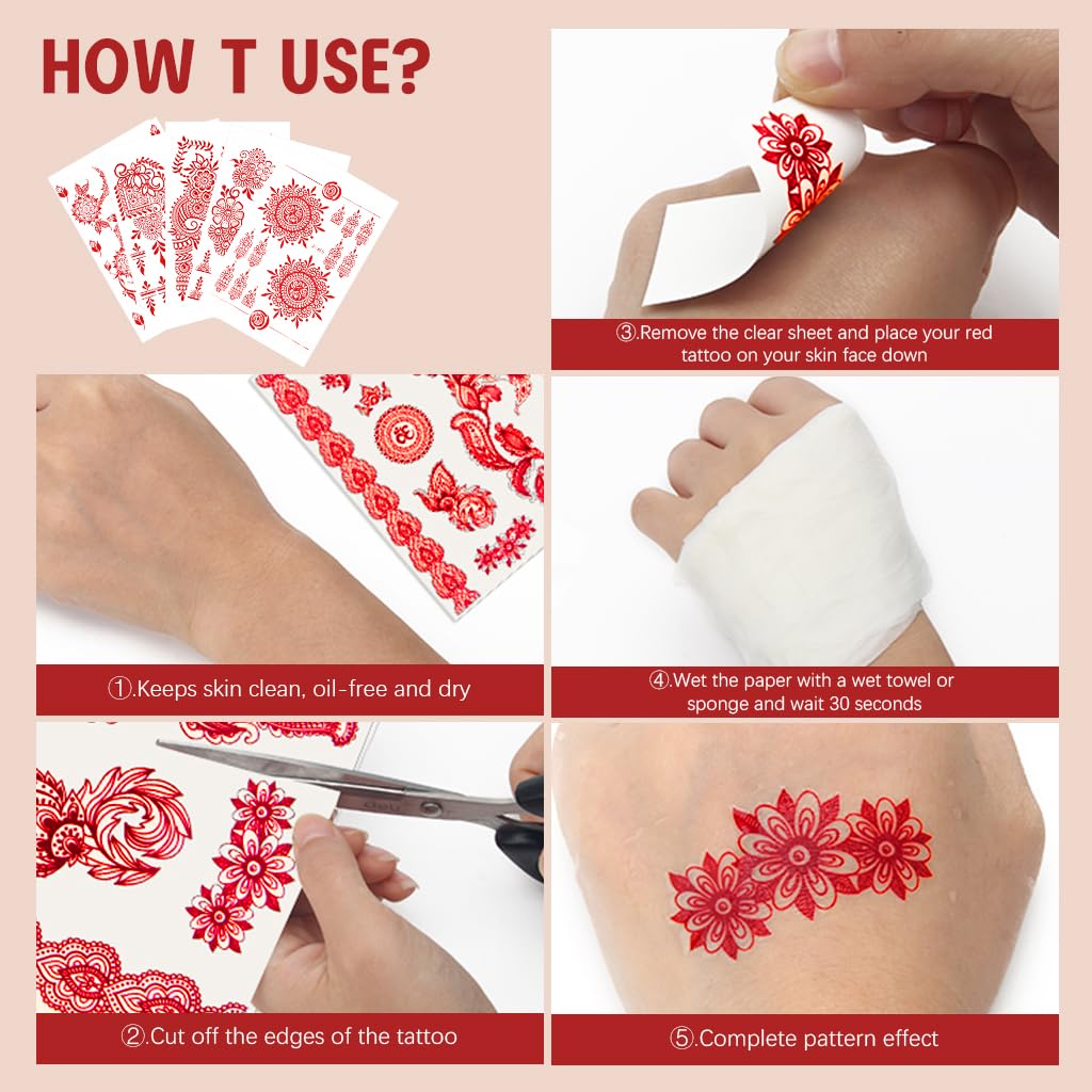 MAYCREATE Temporary Tattoo Stickers for Hands and Body with 5 Waterproof Red Mehndi Sheets | Safe Skin-Friendly Floral Designs