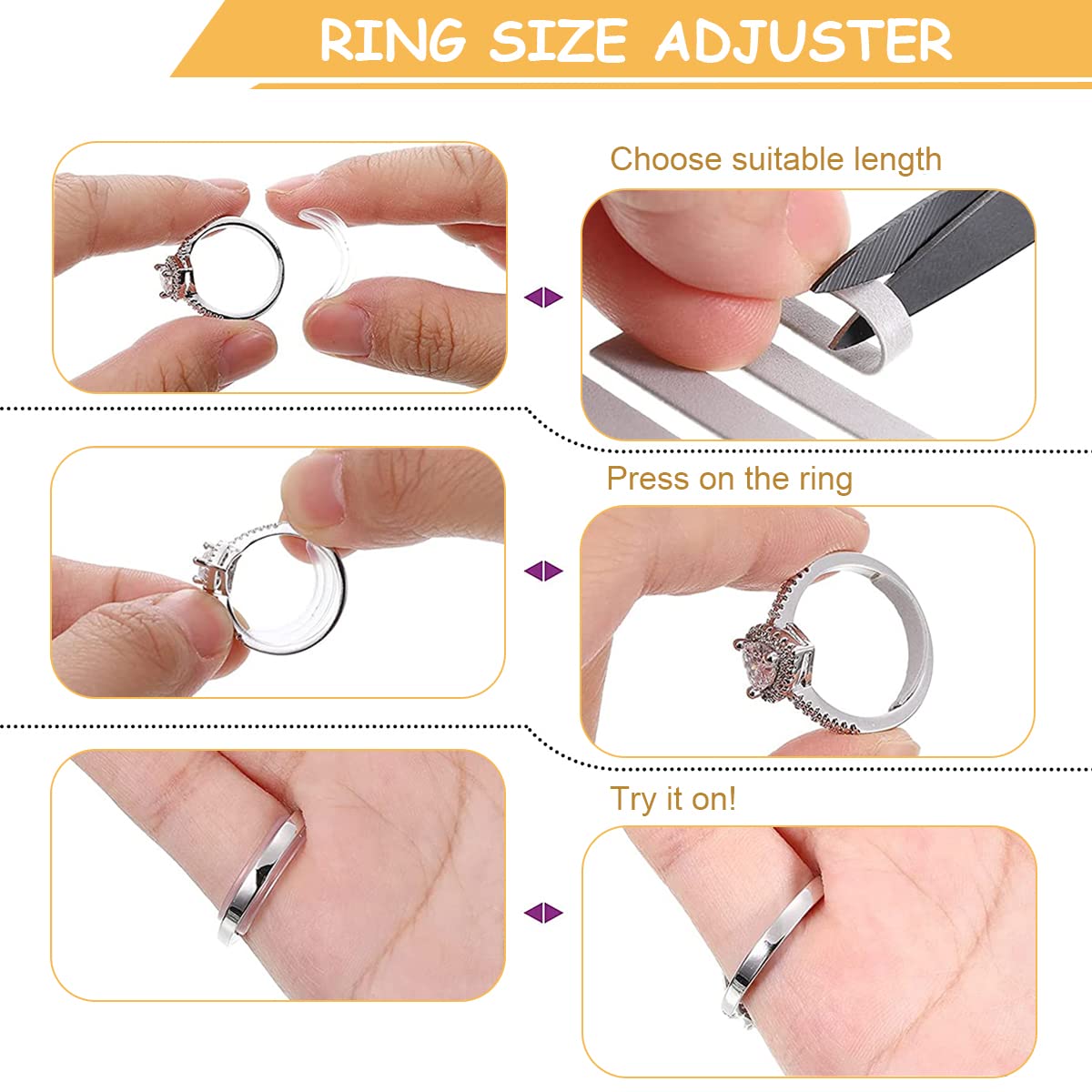 MAYCREATE Ring Size Adjuster for Loose Rings with 4pcs 10cm Spiral Cord and EVA Regulators | Includes 8 Transparent Clips and Measuring Tool