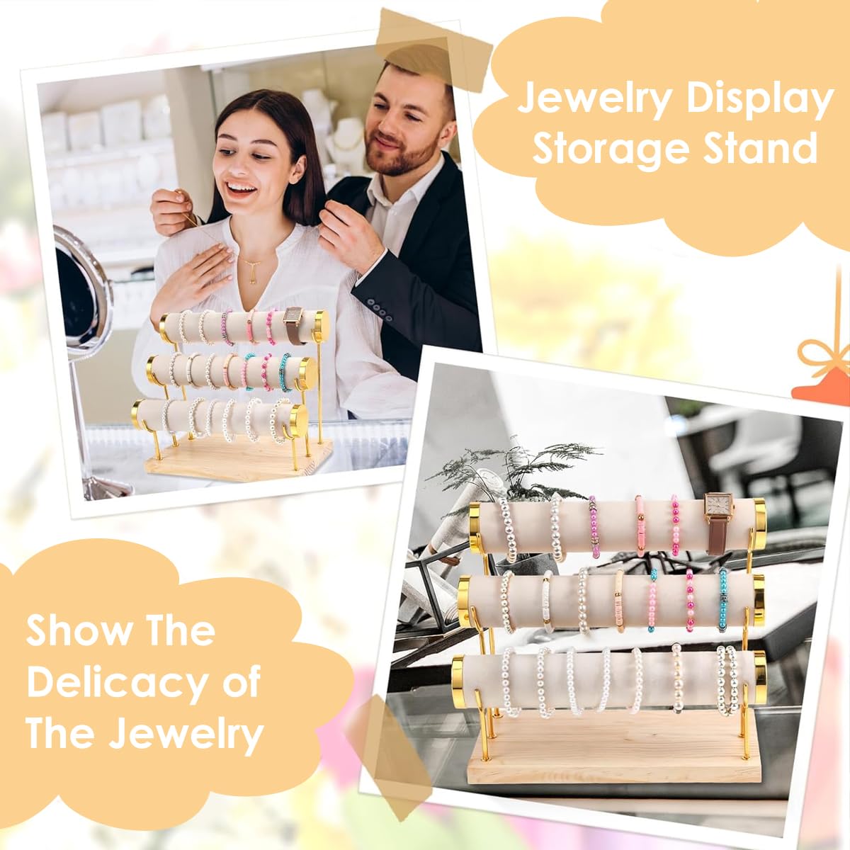 MAYCREATE Bracelet Bangle Organizer for Women featuring 3 Tier Metal Stand with Wood Tray | Holds 18–25 Bracelets