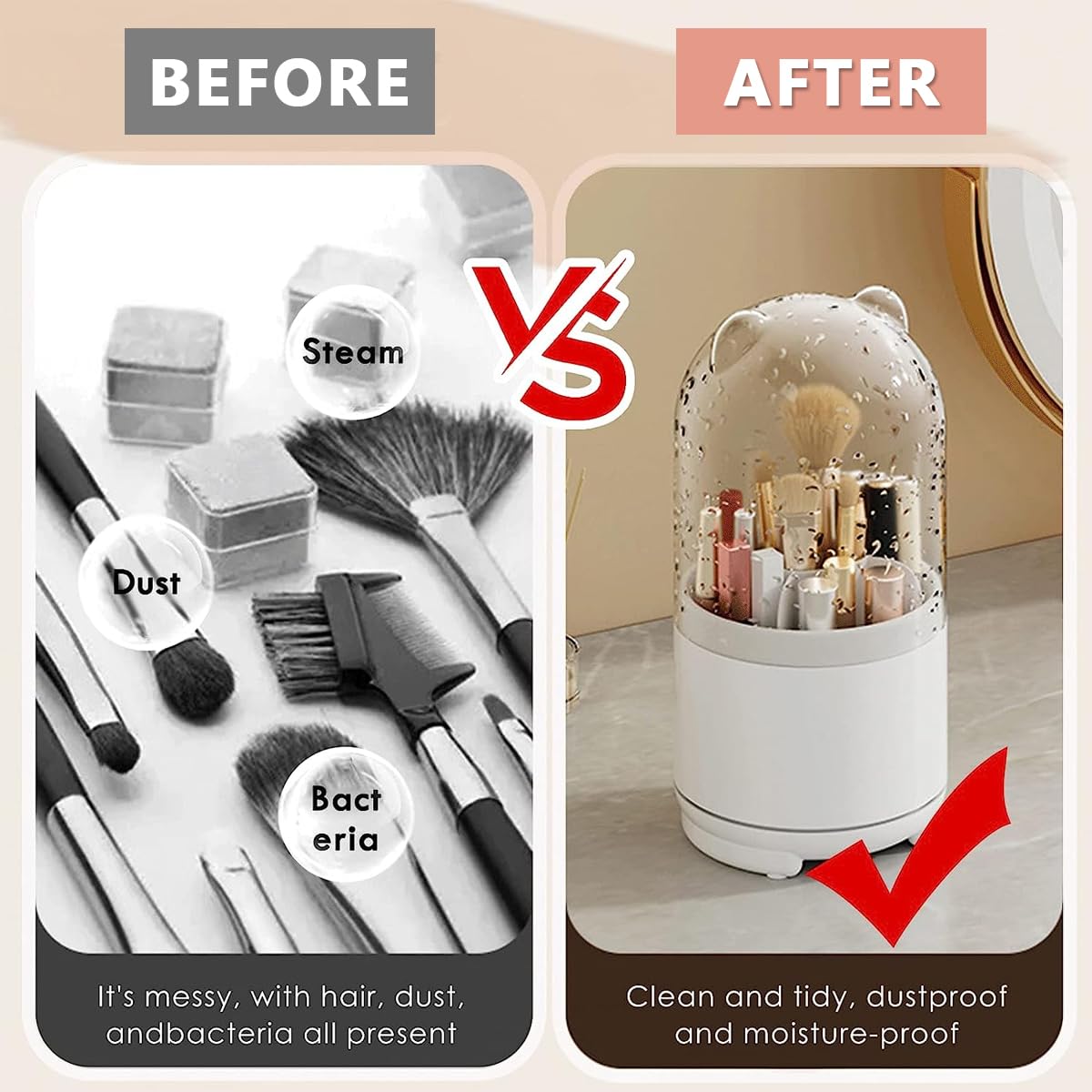 MAYCREATE Makeup Brush Holder Organizer with Clear Lid, 360° Rotatable 5-Slots Make Up Brushes Storage Container Dustproof Stand for Vanity Desktop Bathroom