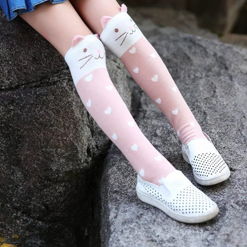 MAYCREATE Pink Girls Cotton Knee,High Socks Cute Kitty Winter Warm Long Socks for Christmas Gift,Girls 3 to 12 Years Old Boot Socks,One Pair