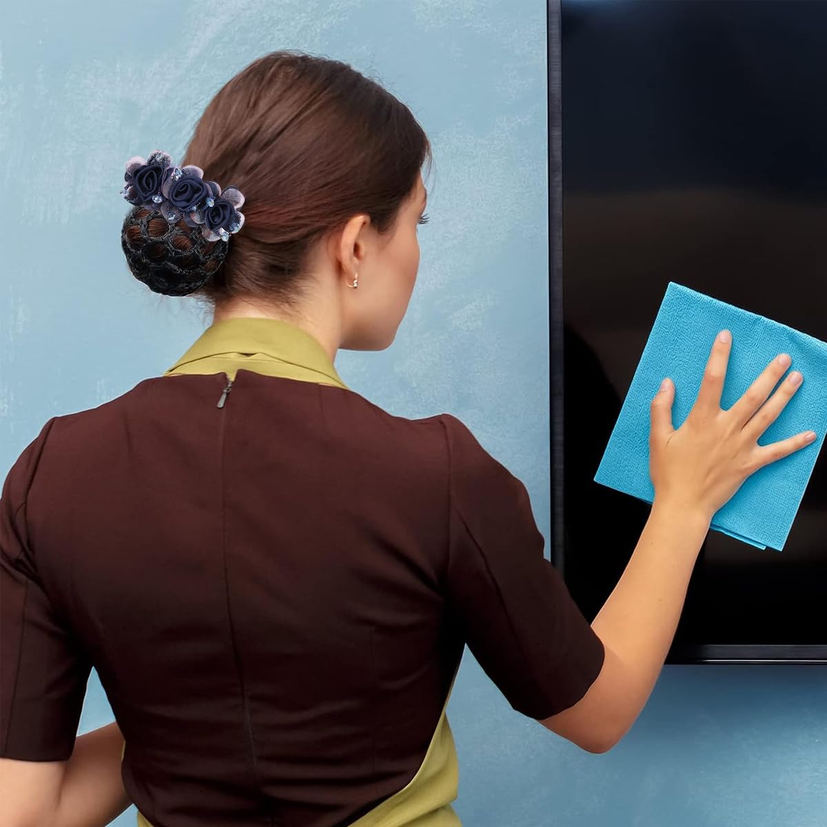 MAYCREATE Floral Hair Snood Net, Barrette Hair Bun Cover, Rhinestone Hair Bun Clips for Women, Lady Hair Bun Accessories Bun Maker Hairnet for Dancer Nurse Work or Daily