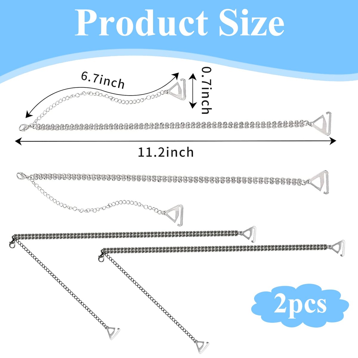 MAYCREATE 2 Pairs Metal Bra Straps for Women, Invisible Shining Rhinestone Bra Strap for Dress, Fashion Non-Skid Adjustable Shoulder Strap for Evening Dress, Bra Tops Dress Black and Silver