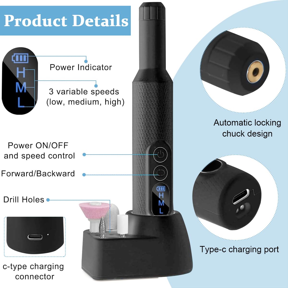 MAYCREATE Cordless Nail Drill Machine with Drill Bit Kit Professional Adjustable Nail Drill Machine for Gel Nail, Nail Extension, Salon Nail Drill Machine Electric Manicure Pedicure Kit