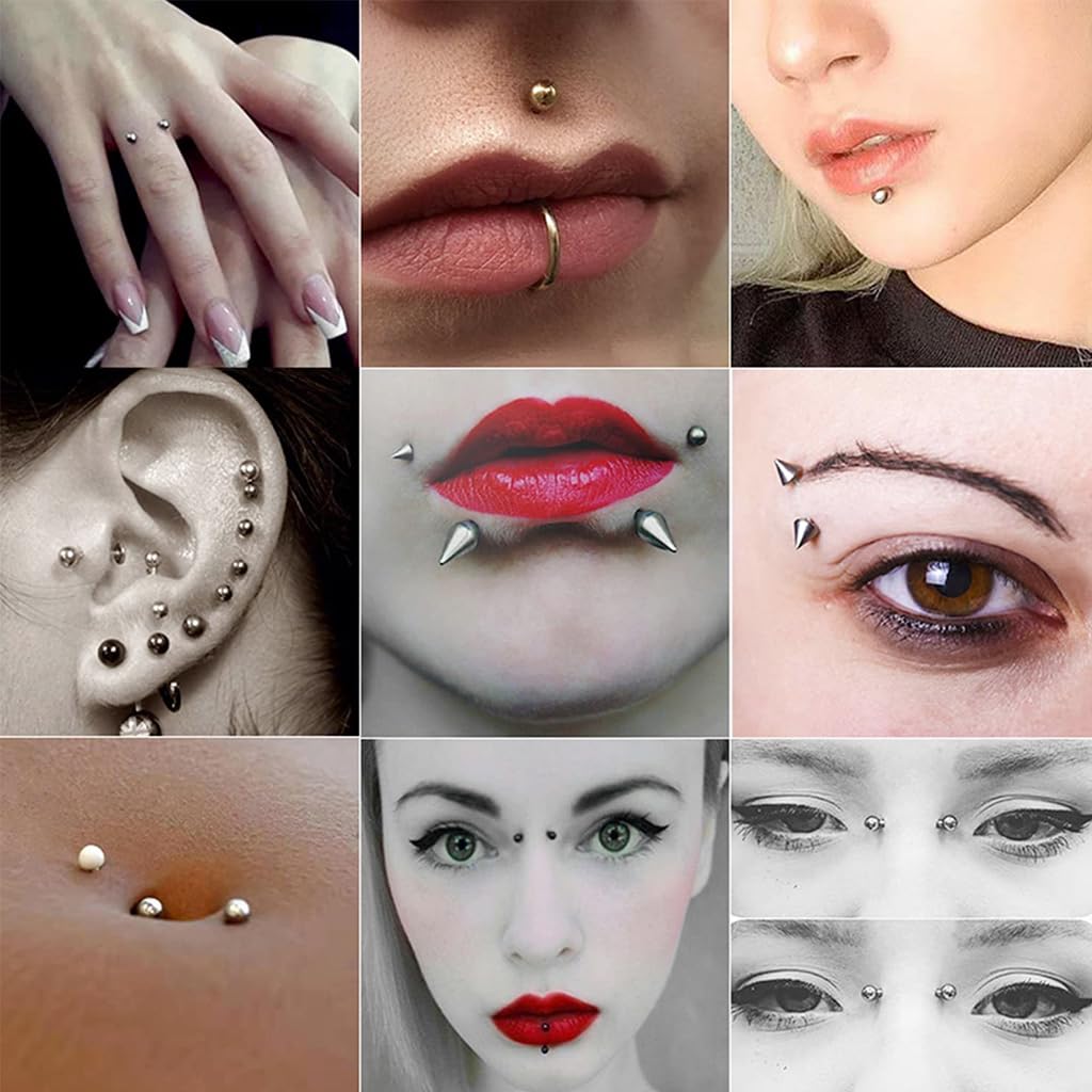 MAYCREATE 155Pcs Fake Labrets Stainless Steel Eyebrow Piercing Fake Studs Ring Set Non- piercing Lip Labret Studs Multi Sizes Fashion Fake Surface Piercings Studs Set with Adhesive Tabs and Tweezer