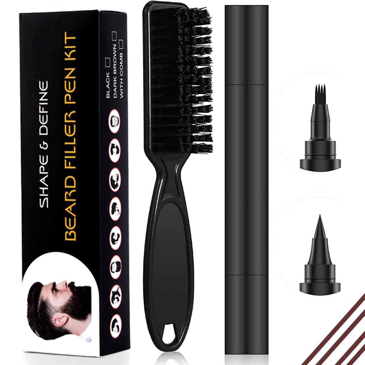 MAYCREATE Beard Pencil Filler Barber Styling Pen with 2 Pen Nibs, 1 Brush, Waterproof Proof Beard Pencil Filler, Sweat Proof Natural Shaping Up for Beard, Moustache & Eyebrows,Black