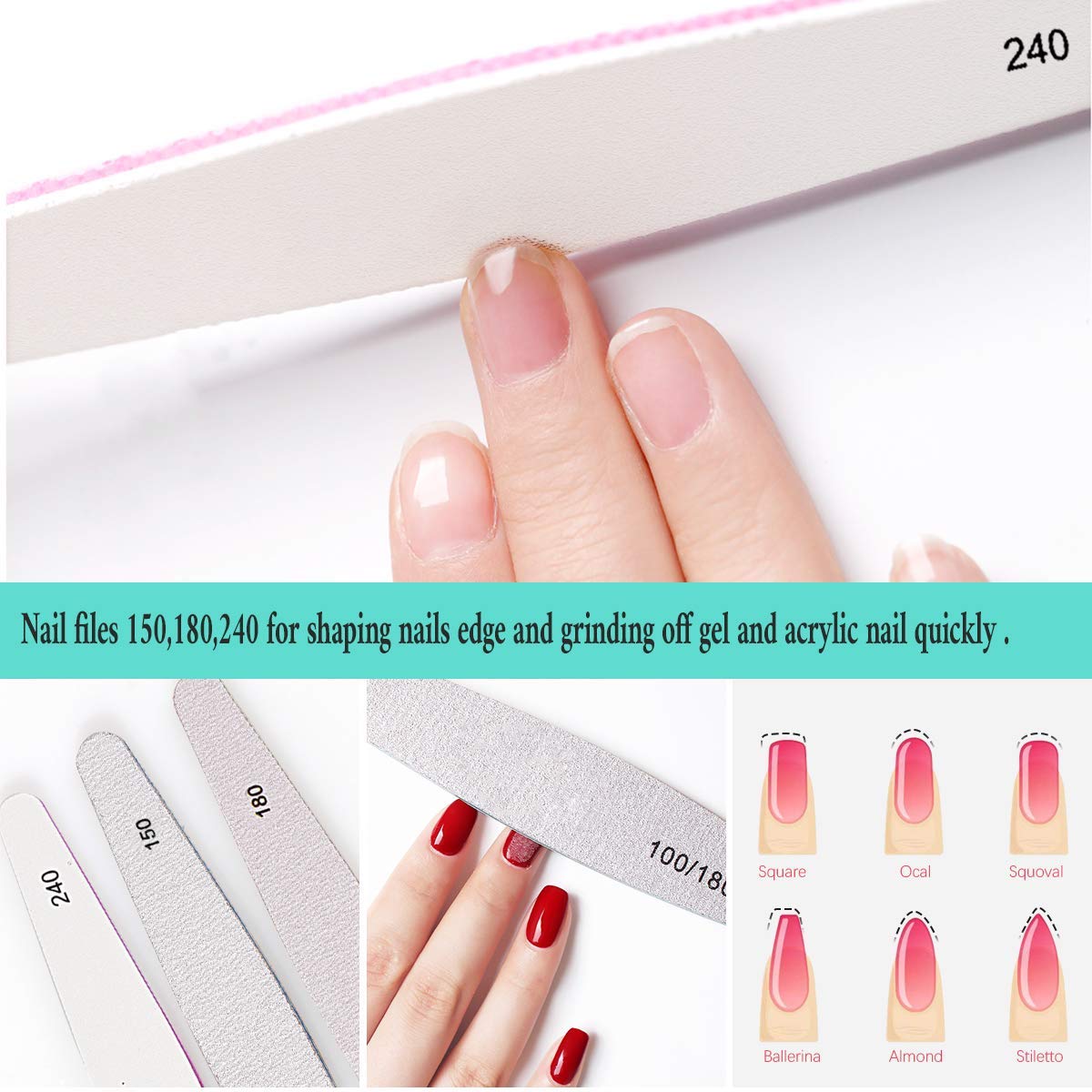 MAYCREATE 6pcs Nail Files Set for Manicure, Nail Buffer Files Block Coarse Washable Nail Polisher Double Sided Nail Shaper Emery Boards for Acrylic & Natural Nails 100/150/180/220/240/280/1000/4000 Grid