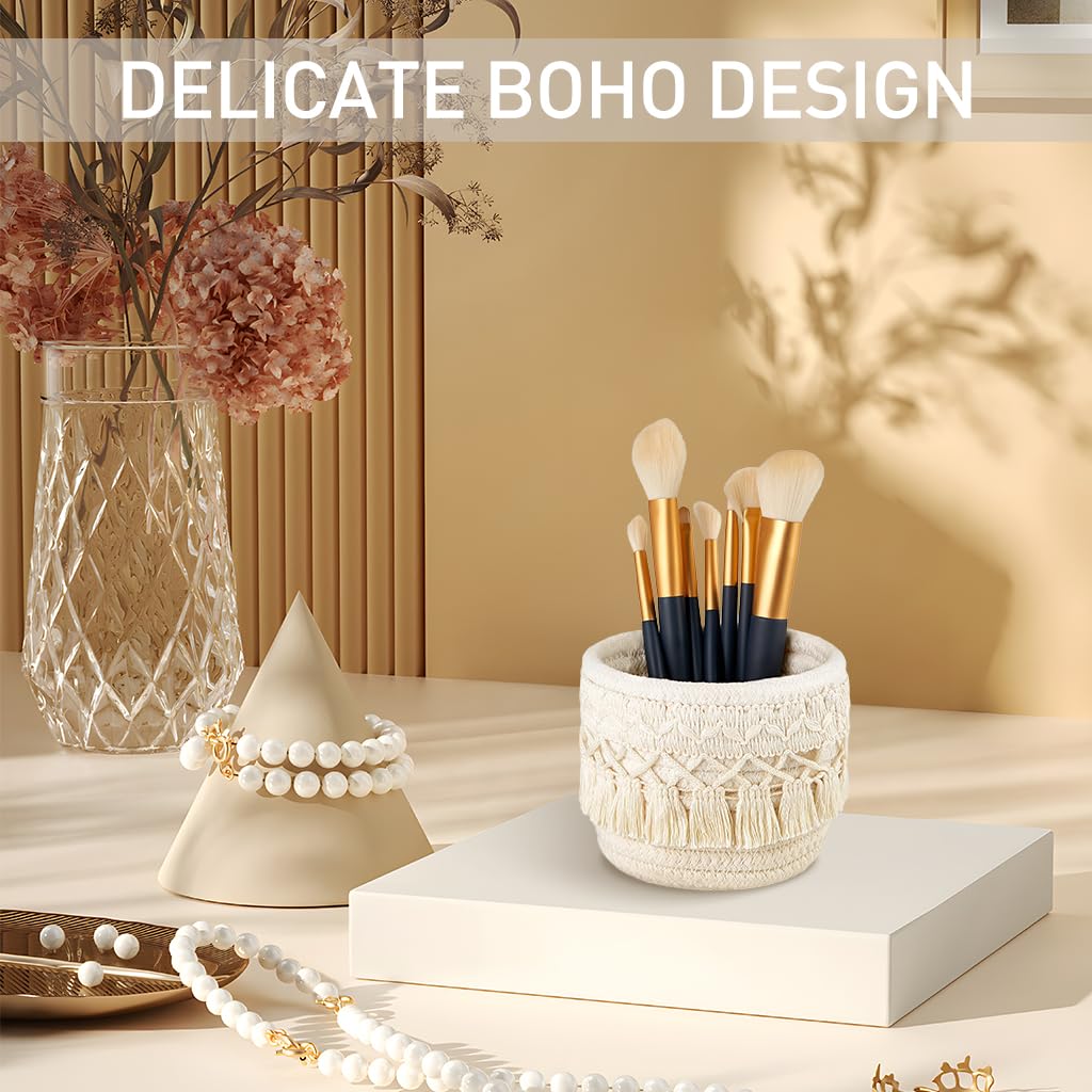 MAYCREATE Macrame Makeup Brush Holder Organizer Boho Desk Mini Storage Basket Table Cotton Rope Tassels Pen Holder for School Office Stationeries Storage Container - Ivory