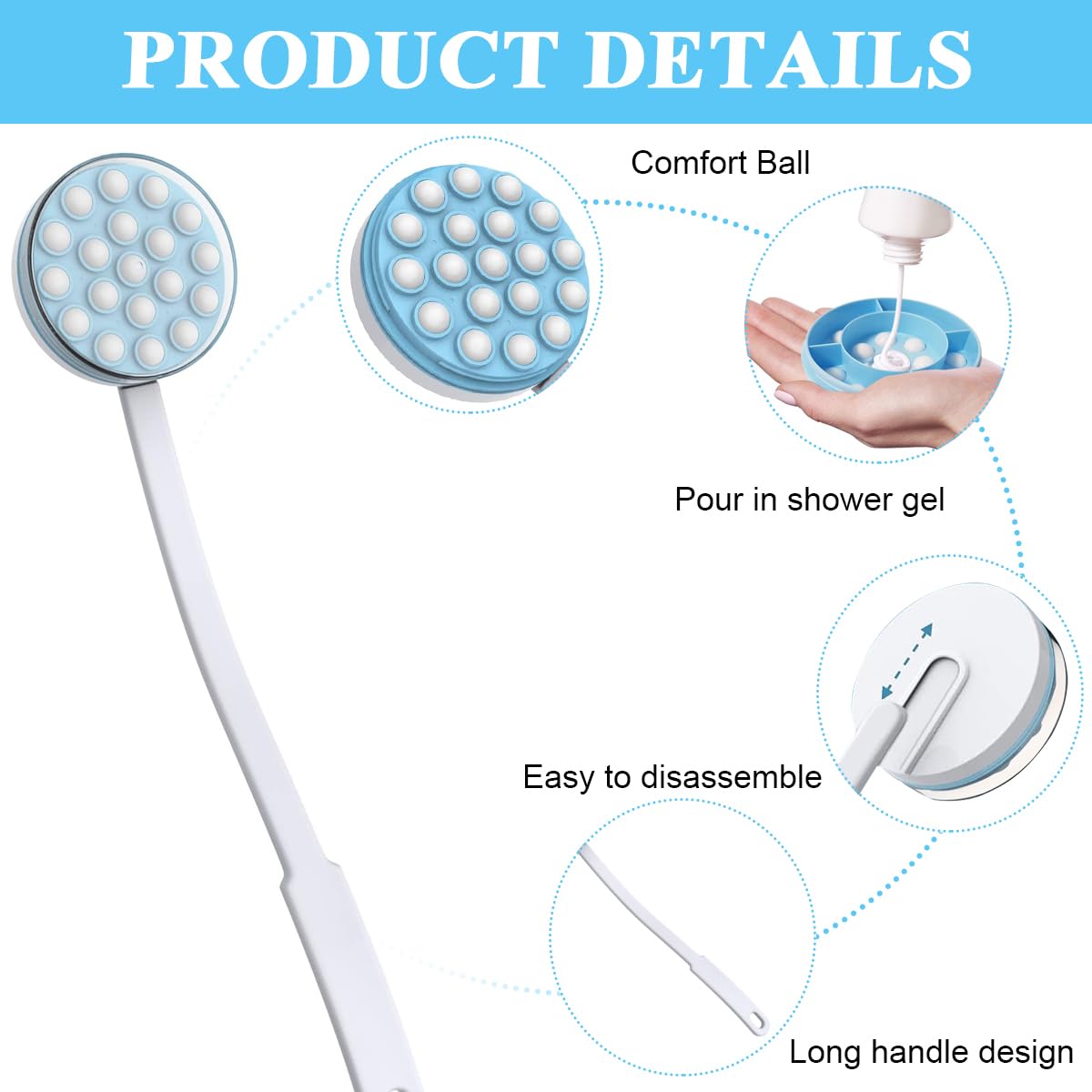 MAYCREATE Back Lotion Applicator and Massager, Handheld Long Handled Easy Reach Roll-On for Sunscreen, Cream, Shower Gel on Back, Legs and Feet Massaging Tool