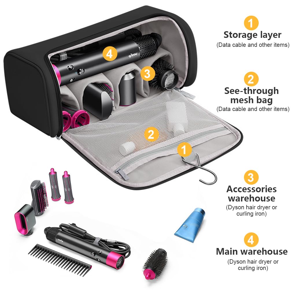 MAYCREATE Travel Storage Bag for Dyson Air wrap Holder Hair Styler Organizer for Airwrap Attachments Portable Storage Bag with Hanging Hook, Black (Bag Only)