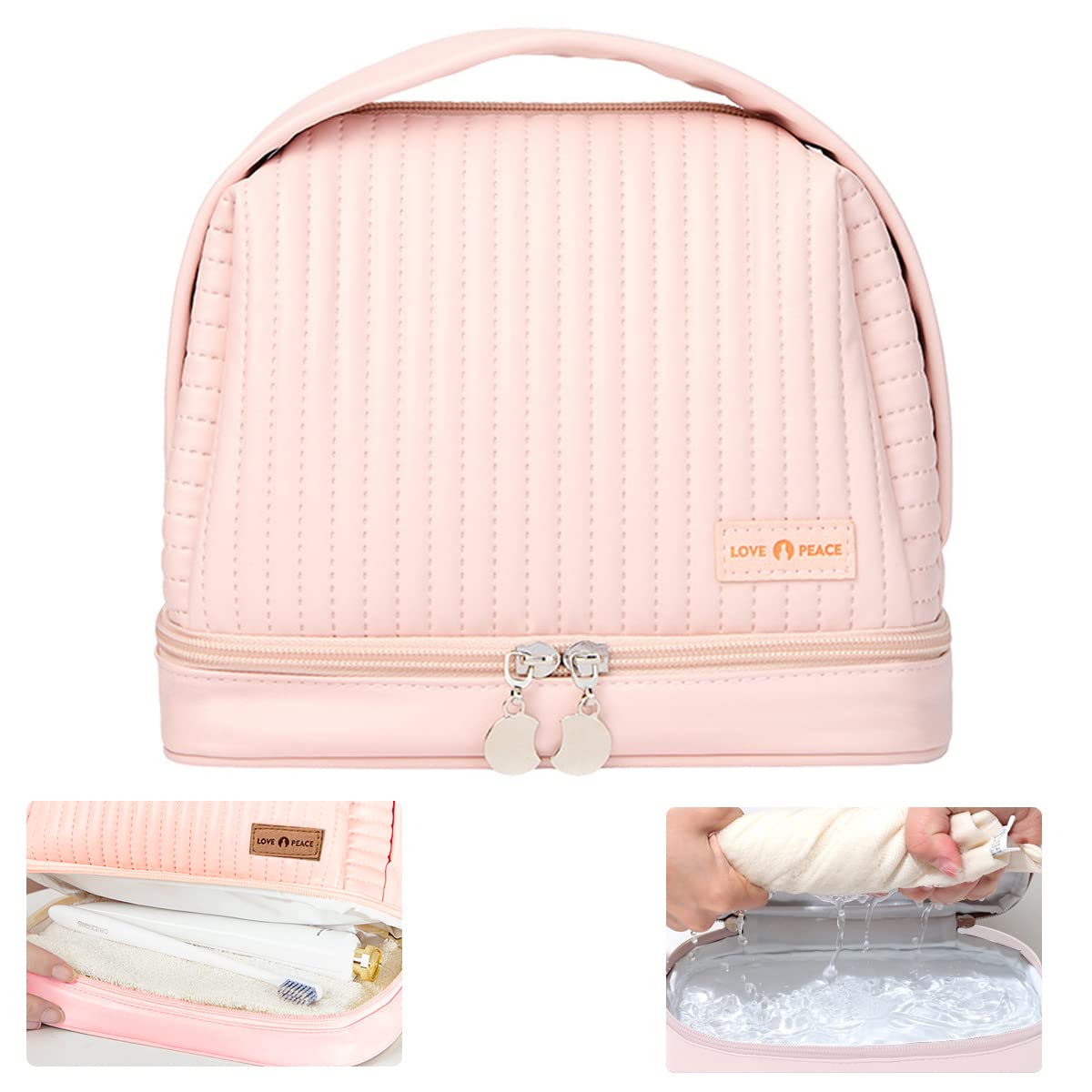 MAYCREATE Large Capacity Cosmetic Travel Bag, Cute Cosmetic Organizer Bag, Makeup Pouch for Women, Portable Dry Wet Separation wash Bag, Pink