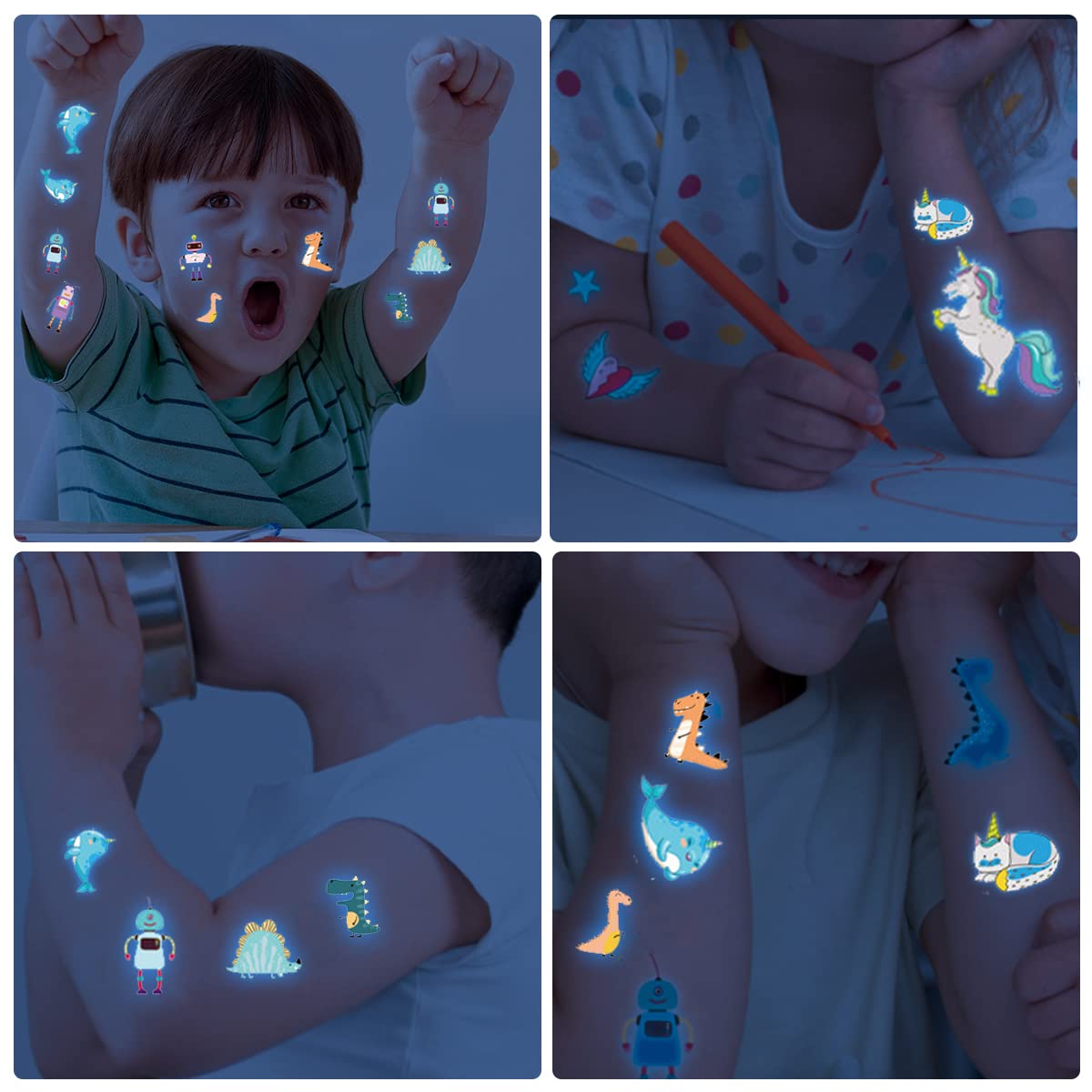 MAYCREATE Temporary Tattoo Stickers for Kids with Night Glow Effect and 20 Sheets | Waterproof Marine Theme