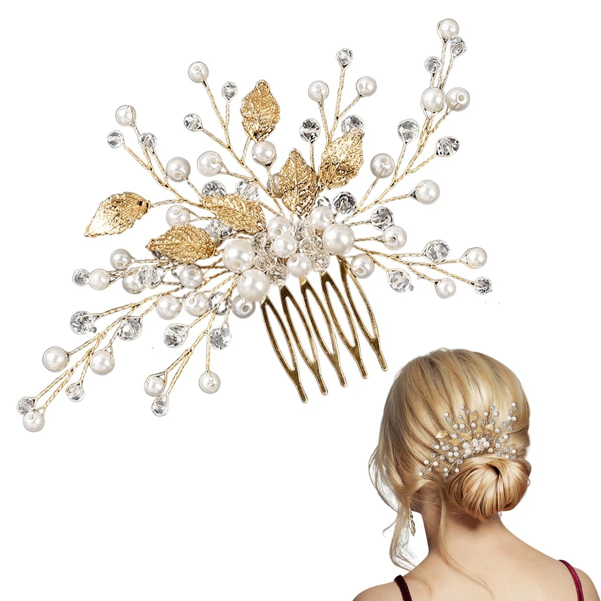 MAYCREATE Bridal Hair Comb for Wedding Hairstyles with 5.5 in Design featuring Crystal Pearl Gold Leaf | Elegant Accessory for Women and Girls