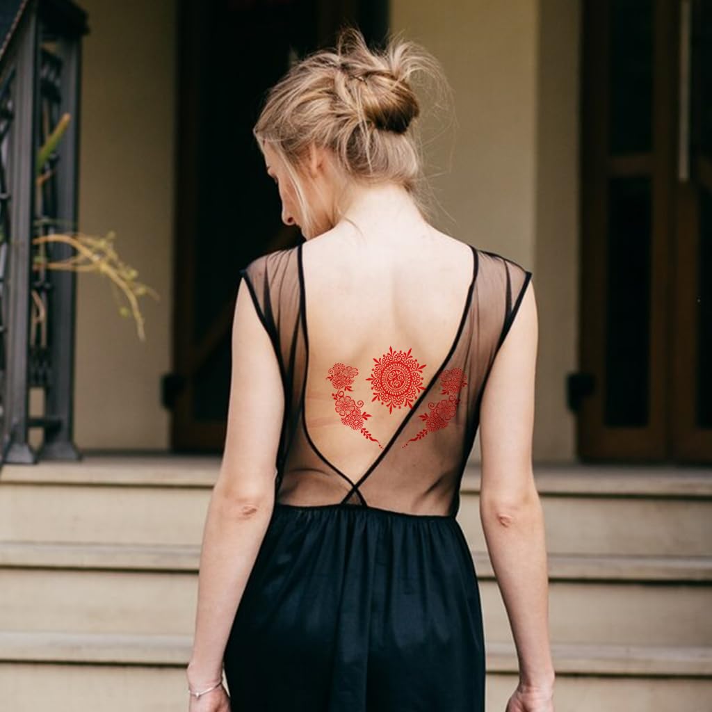 MAYCREATE Temporary Tattoo Stickers for Hands and Body with 5 Waterproof Red Mehndi Sheets | Safe Skin-Friendly Floral Designs