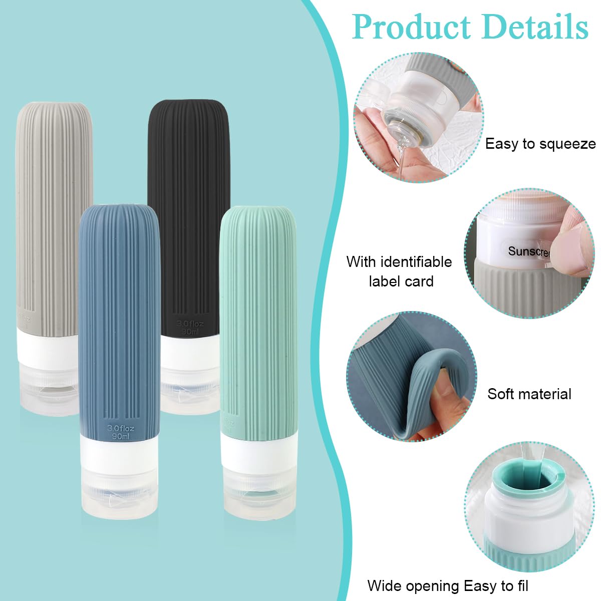 MAYCREATE Travel Bottles for Toiletries with Leakproof Flip Lid & 8pcs 90ml and 40ml Set | TSA Approved Silicone Containers