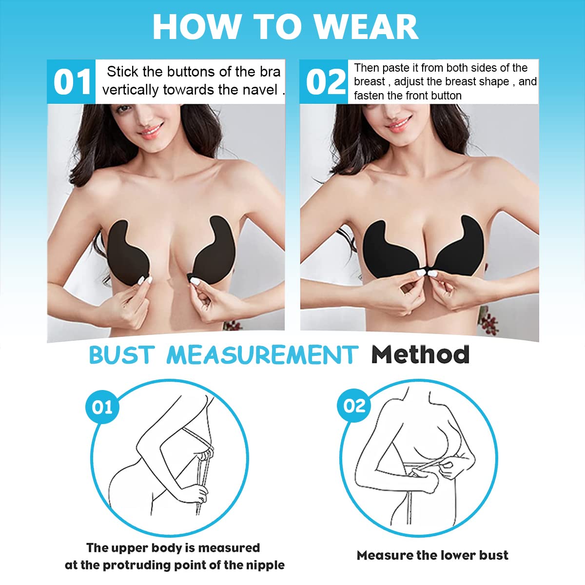 MAYCREATE 1 Pair Silicone Wire Free Stick-On Bra Padded, Adhesive Bra Strapless Silicone Invisible Push Up Reusable Self Sticky Bra for Backless Dress Stick on Bra, Black, C