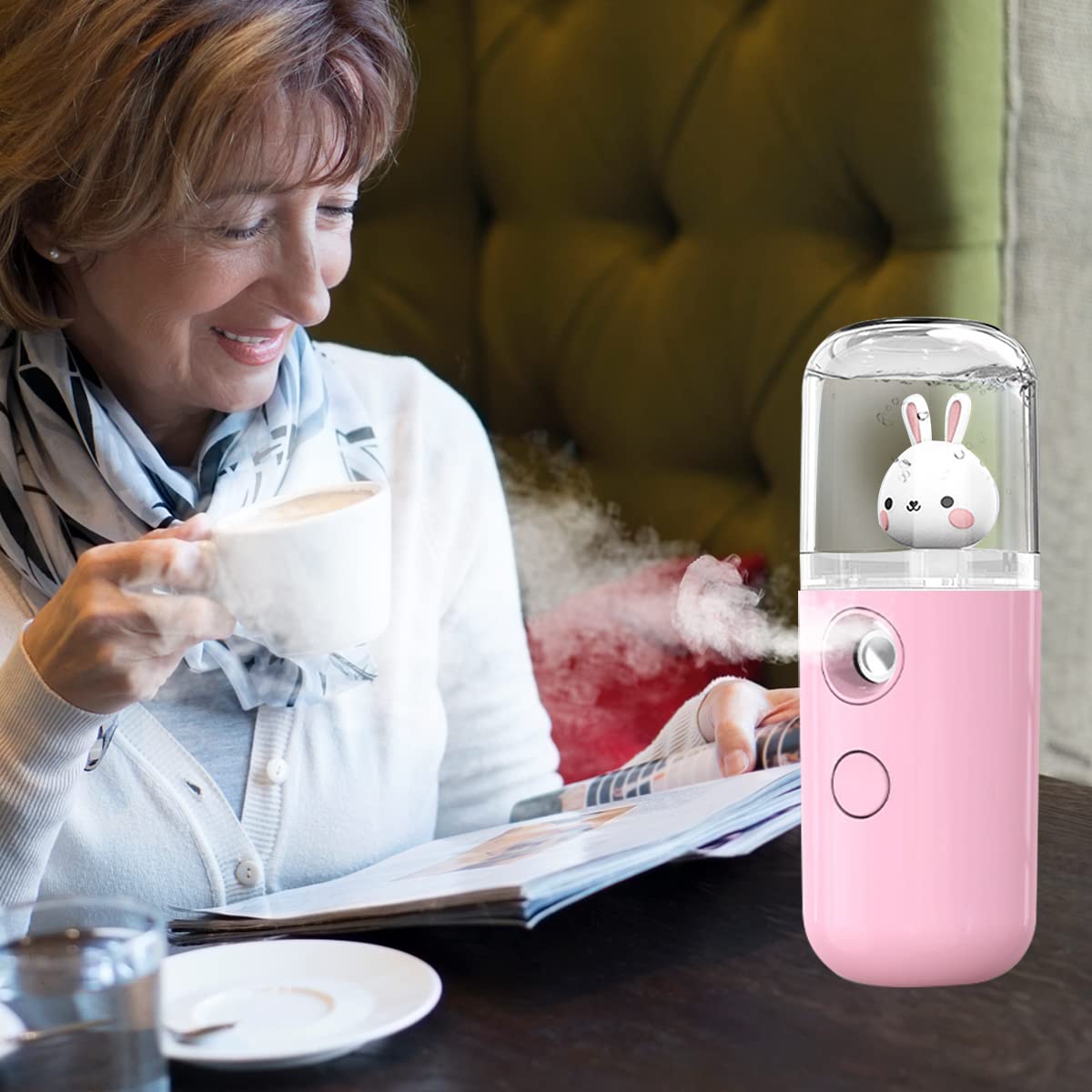 MAYCREATE Facial Nano Mist Sprayer 30ml Portable Mini Face Mist Spray Machine, Cartoon Bunny Design & USB Rechargeable, for Facial Moisturizing Skin Care - Pink
