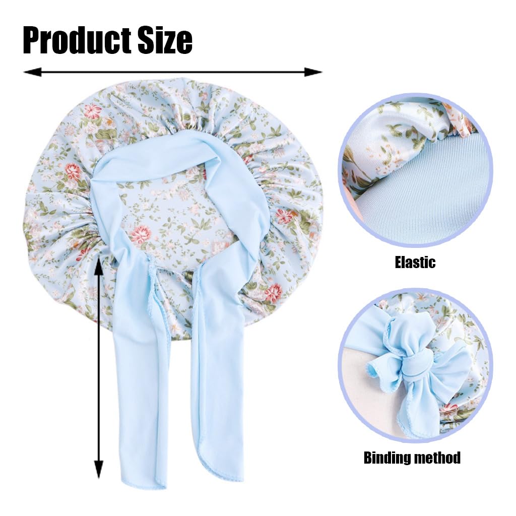 MAYCREATE 2pcs Kids Silk Bonnet for Hair, Baby Cap Floral Print Satin Hair Bonnet, Elastic Band Soft Silk Hair Cap for Sleeping, Night Hat Shower Cap for Toddlers Child Baby 2-8 Years Old Gift