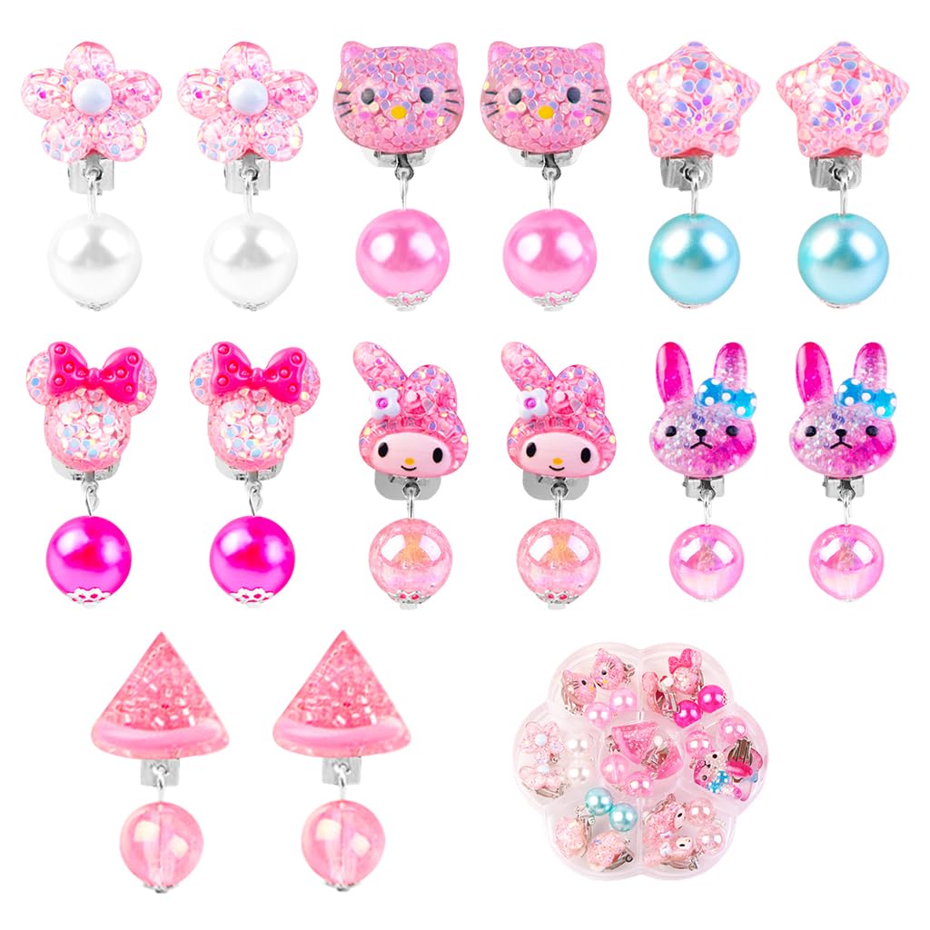 MAYCREATE 7 Pairs Kawaii Girls Earrings Non-piercing Pink Cartoon Kitty Earrings Charming Resin Clip On Earrings for Girls Kawaii Fashion Girls Clip On Earrings Jewelry Gift for Girls