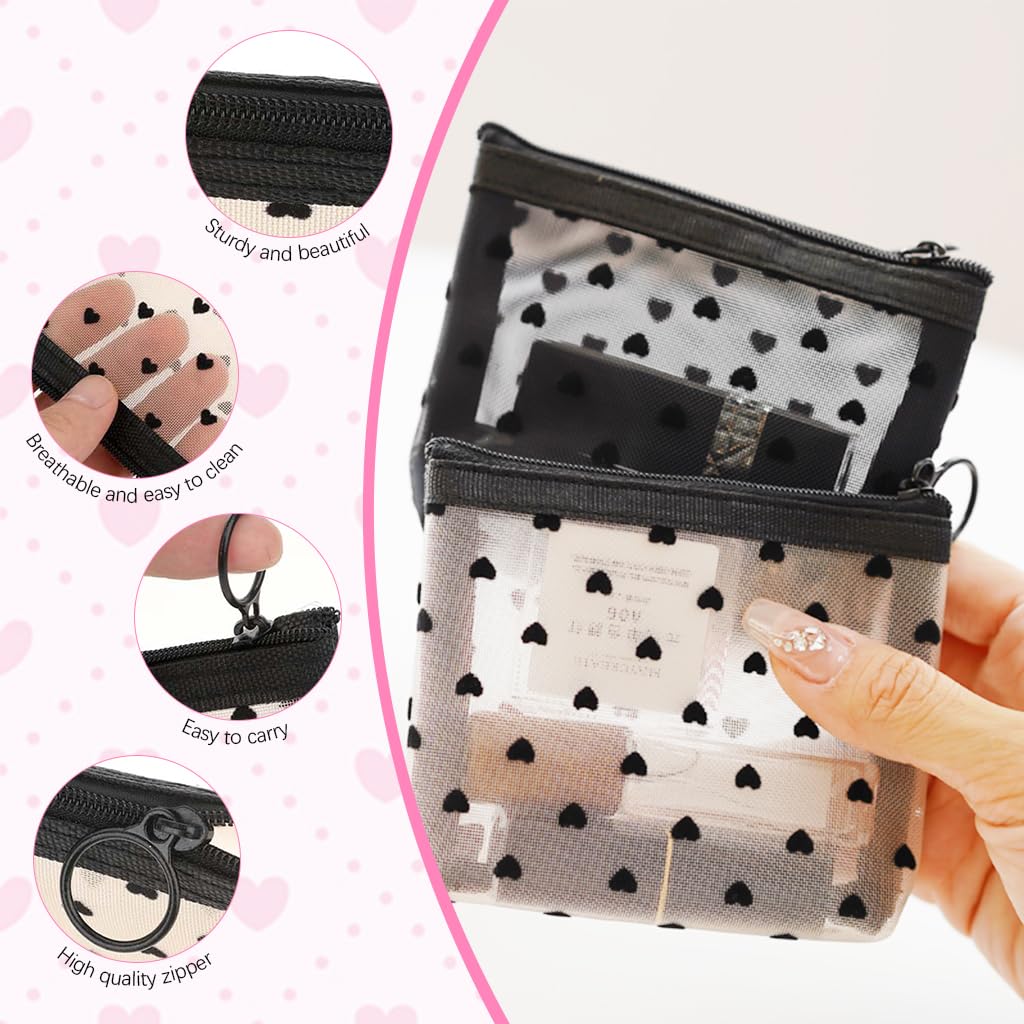 MAYCREATE Small Pouches for Women with Zipper and See Through Mesh 3Pcs 12x9cm | Heart Print Makeup Organizer