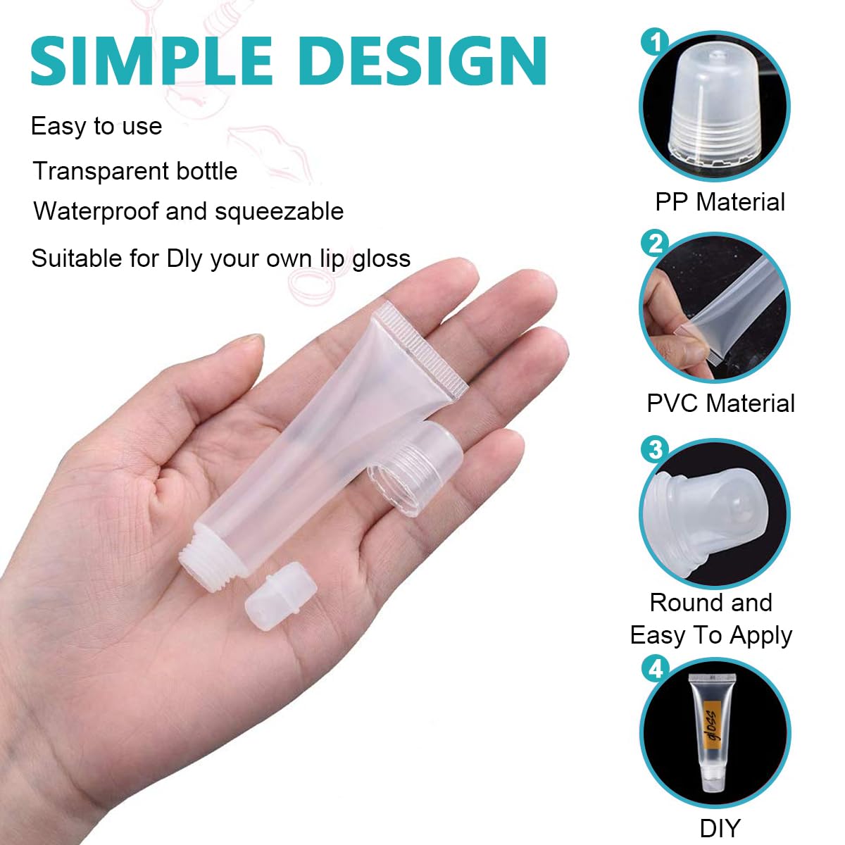 MAYCREATE Lip Gloss Tubes Set for DIY Cosmetics with 50 10ml Containers & Syringe | Clear Plastic Squeeze Design