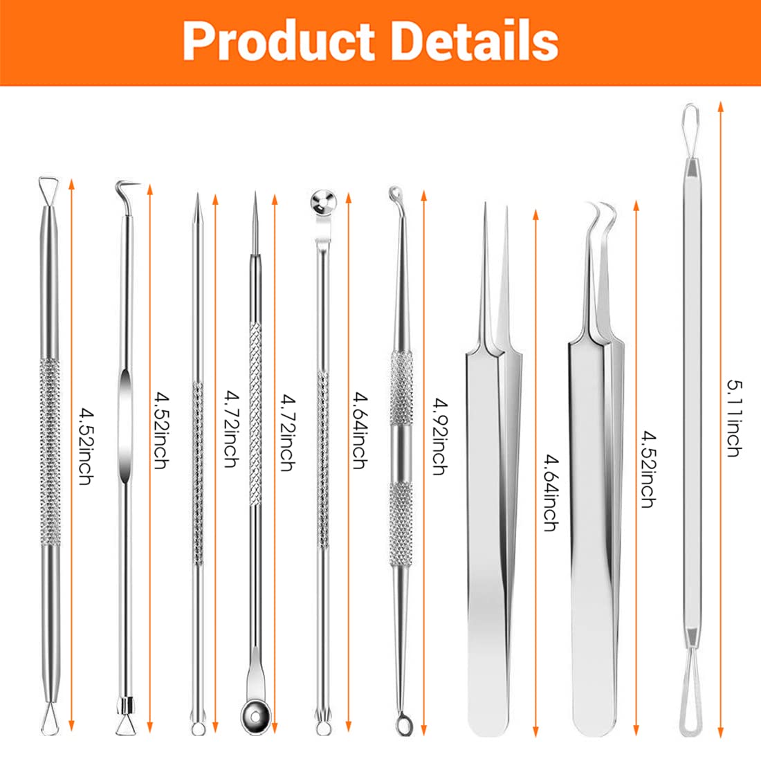 MAYCREATE 9PCS Blackhead Remover Tools Stainless Steel Blackhead Pimple Blemish Extractor/Remover Tool with Tweezers, Professional Acne Remove Tools