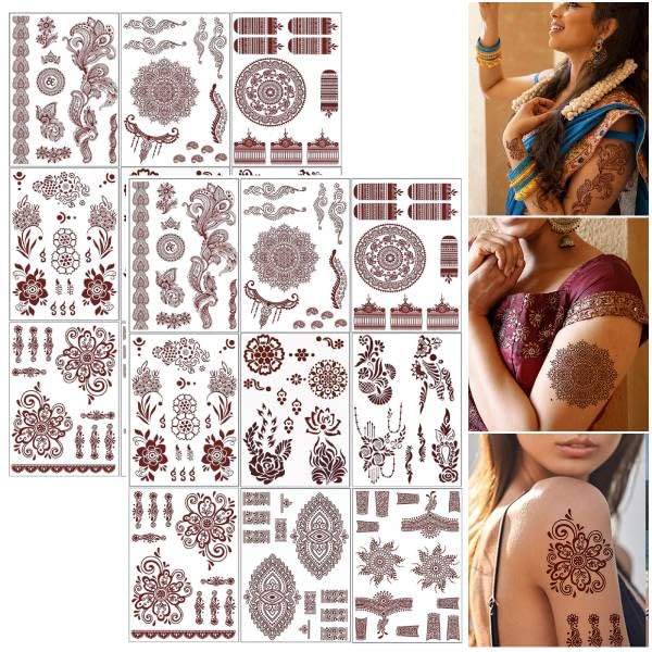 MAYCREATE® Tattoo Sticker 18 Sheets Mandala Temporary Tattoo for Women Girls Brown Lotus Flower Arm Band Tattoo Waterproof Henna Tattoo Stickers for Hands, Body, Arm, Feet