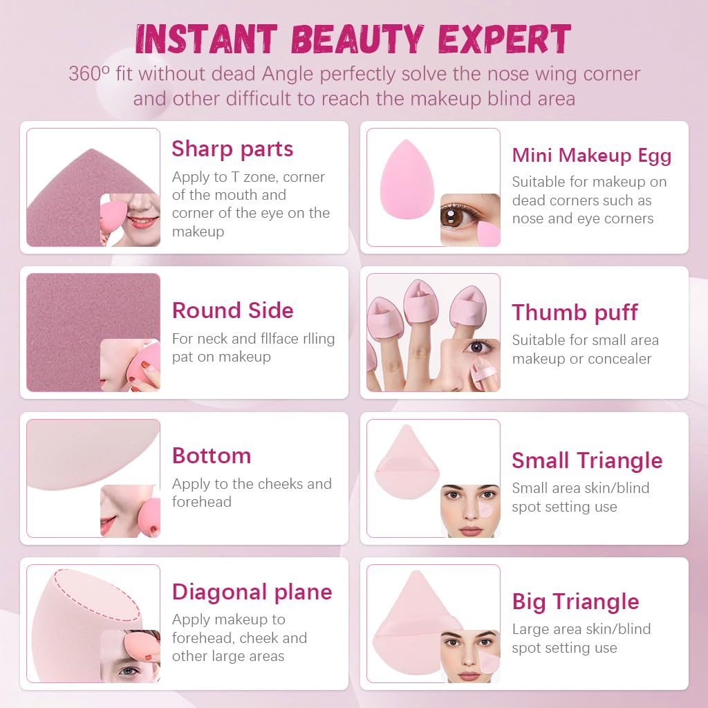 MAYCREATE Makeup Sponge Set for Foundation and Powder Blending featuring Triangular Puff | 14 Pcs Pink Tools for Women
