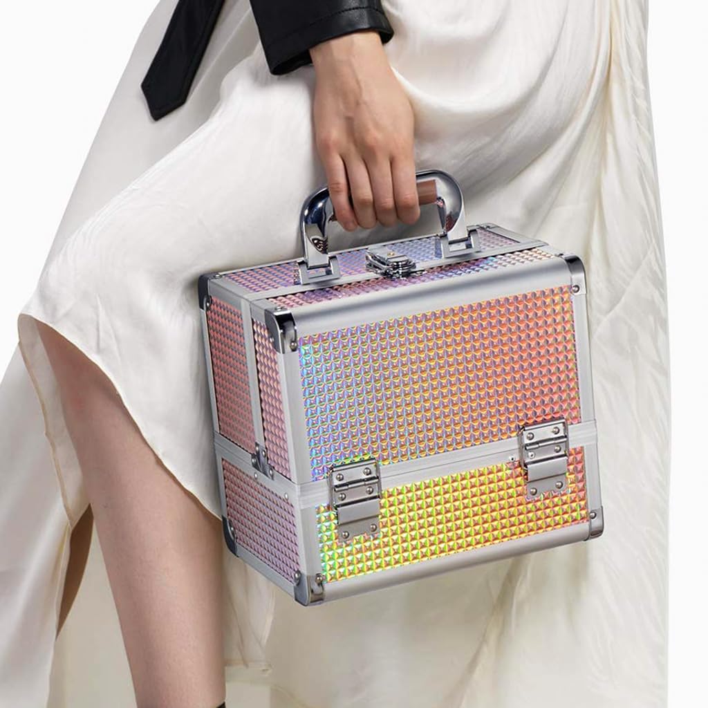 MAYCREATE Portable Makeup Organizer Suitcase Aluminum Alloy Travel Suitcase Multi Compartment Stackable Drawers Design Make-up Artist Train Case with Makeup Mirror & Makeup Brush Holder