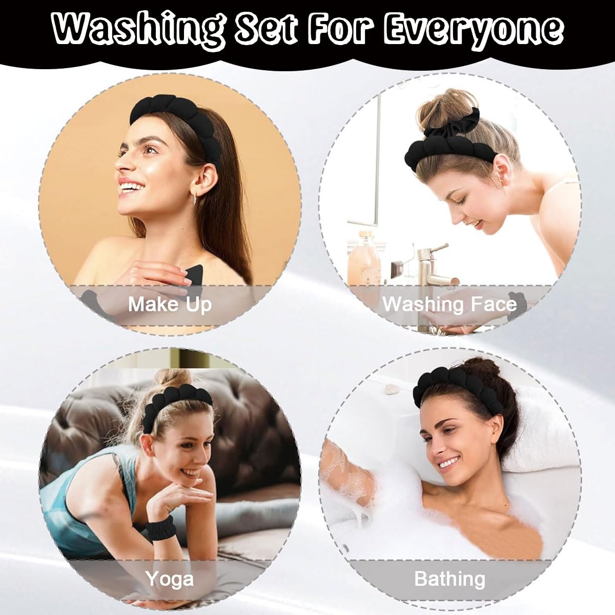 MAYCREATE Facial Headband for Women Skincare Headband and Wrist Band 7Pcs Set for Face Wash, Puffy Spa Headband Hair Band for Makeup with Scrunchies & Powder Puffs - Black