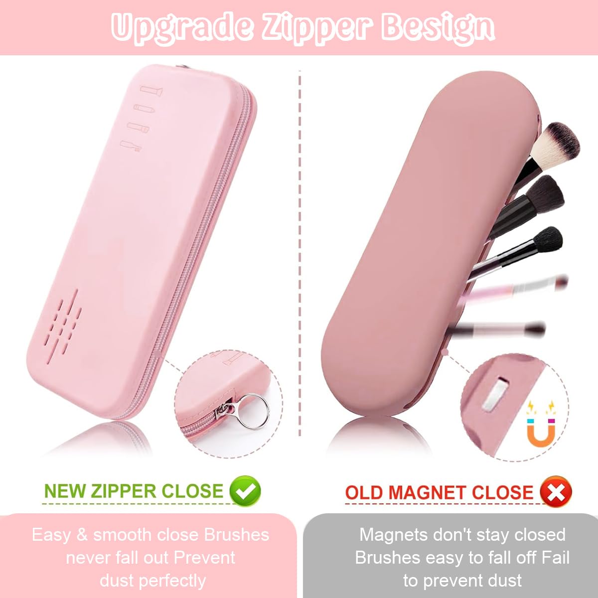 MAYCREATE Makeup Brush Holder Silicone Travel Cosmetic Makeup Brush Pouch Zipper Makeup Brush Organizer Portable Make Up Brushes Bag for Travel Dustproof Beauty Tool - Pink