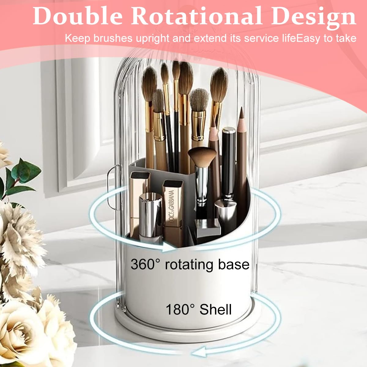 MAYCREATE Makeup Brush Holder for Vanity with 360° Rotatable 3 Grid Design | Clear Lid 12.2×27 cm Plastic Organizer