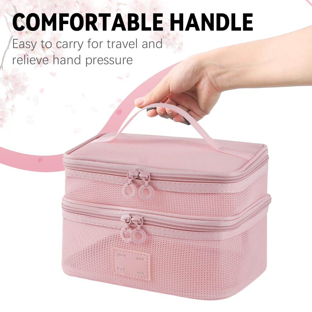 MAYCREATE Makeup Pouch Bag for Travel with Double Layer Organizer Design and Pink Nylon Mesh