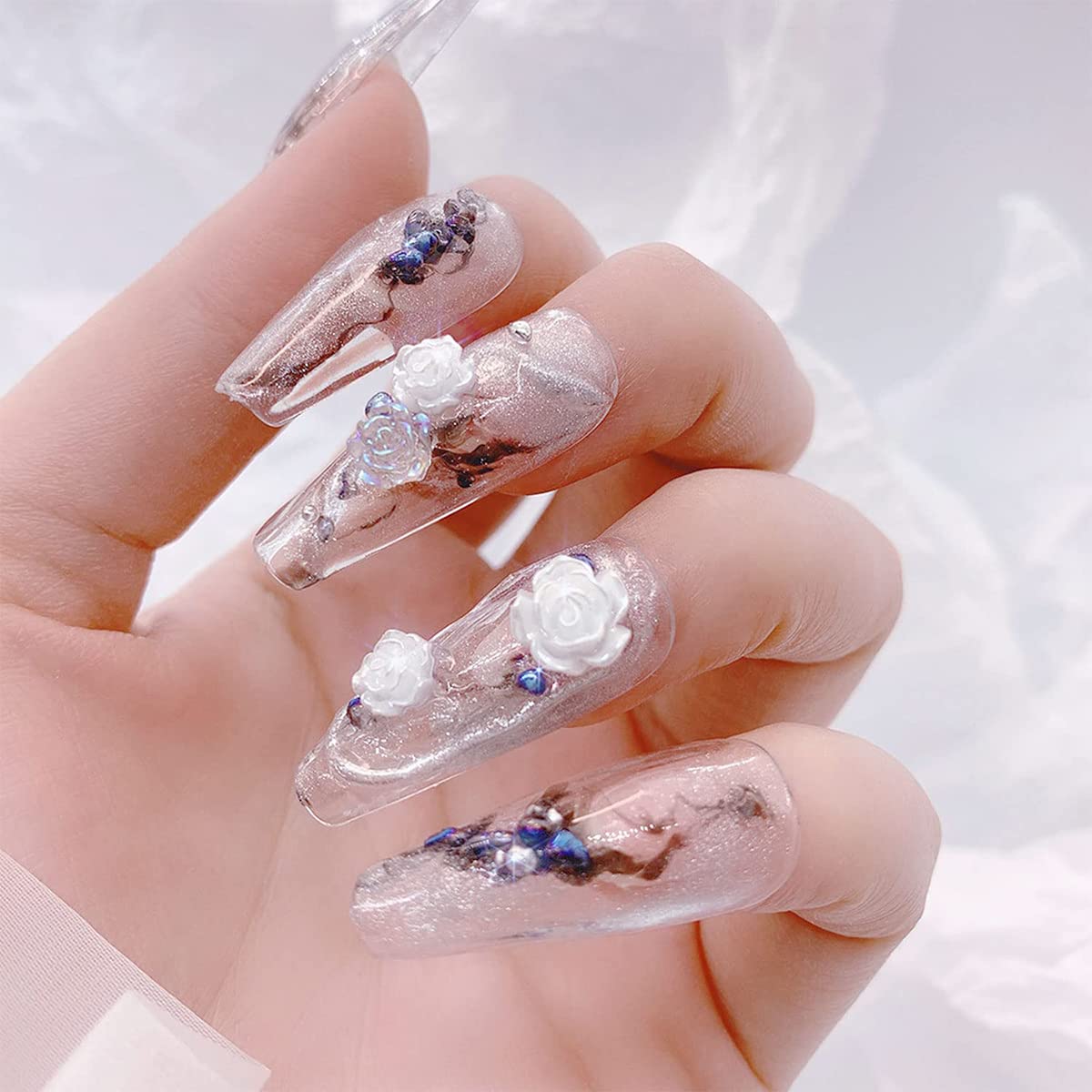 MAYCREATE 200pcs 3D Flower Nail Charms Flat Design, Acrylic Flower Decals for Nail Art, Mix Pearls Nail Art Accessories for DIY Manicure, Set of 4