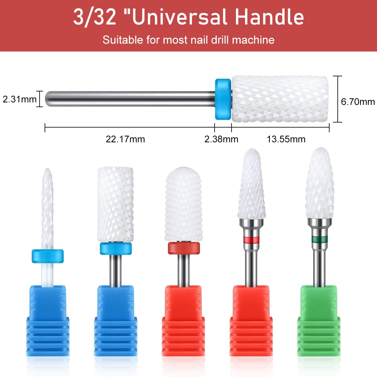 MAYCREATE Ceramic Nail Drill Bits 5 Pcs 2.35mm Shank for Gel Removal and Cuticle Care | Universal Fit