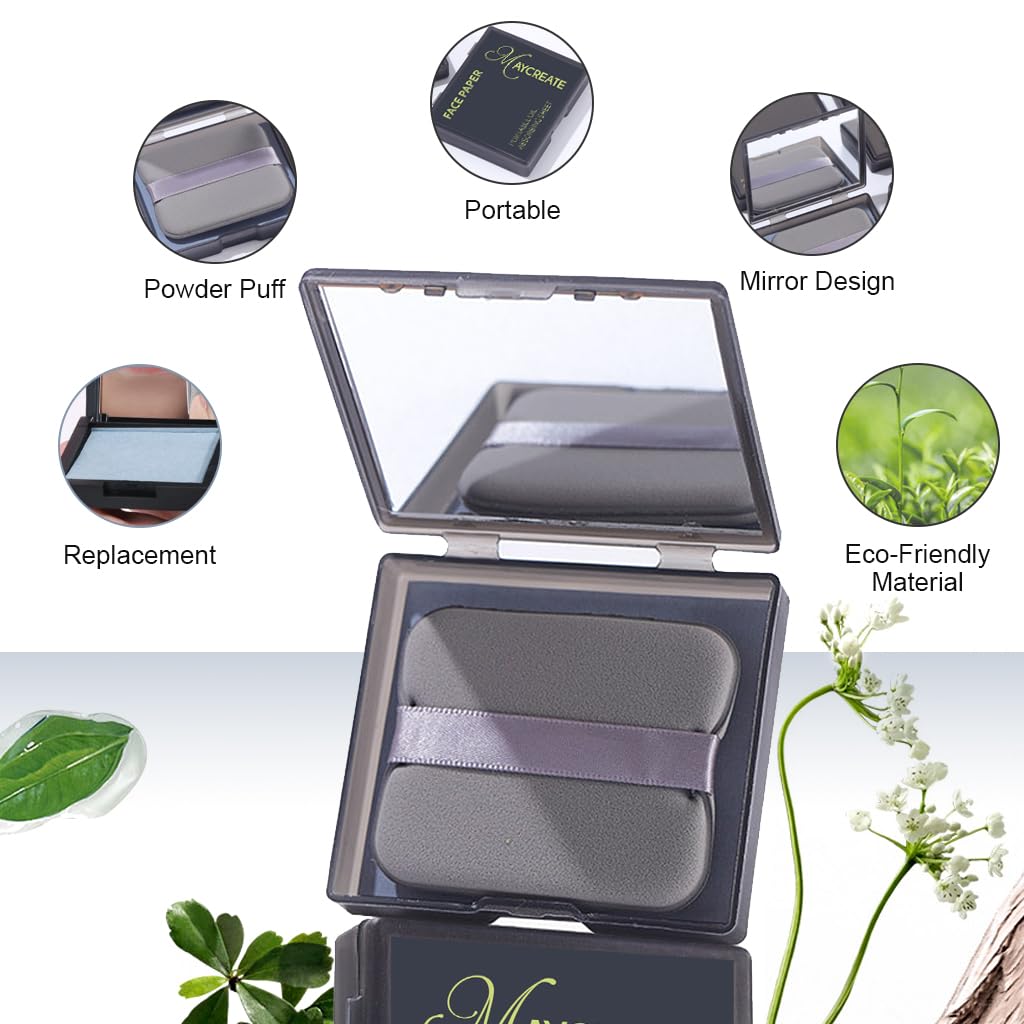 MAYCREATE 100Pcs Face Blotting Paper for Oily Skin, Natural Linen Bloating Papers for Oily Face, Oil Absorbing Sheets for Face, with Built-in Mirror & Powder Puff Pad for Men and Women