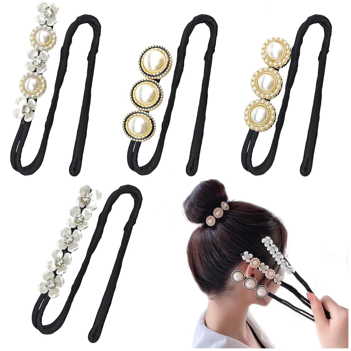 MAYCREATE 4pcs Hair Bun Maker for Hair Flower Pearl Easy Twister Hair Bun Shaper Stylish Rhinestone Twist Hair Bun Accessories for Women Girls Daily, Party, Wedding