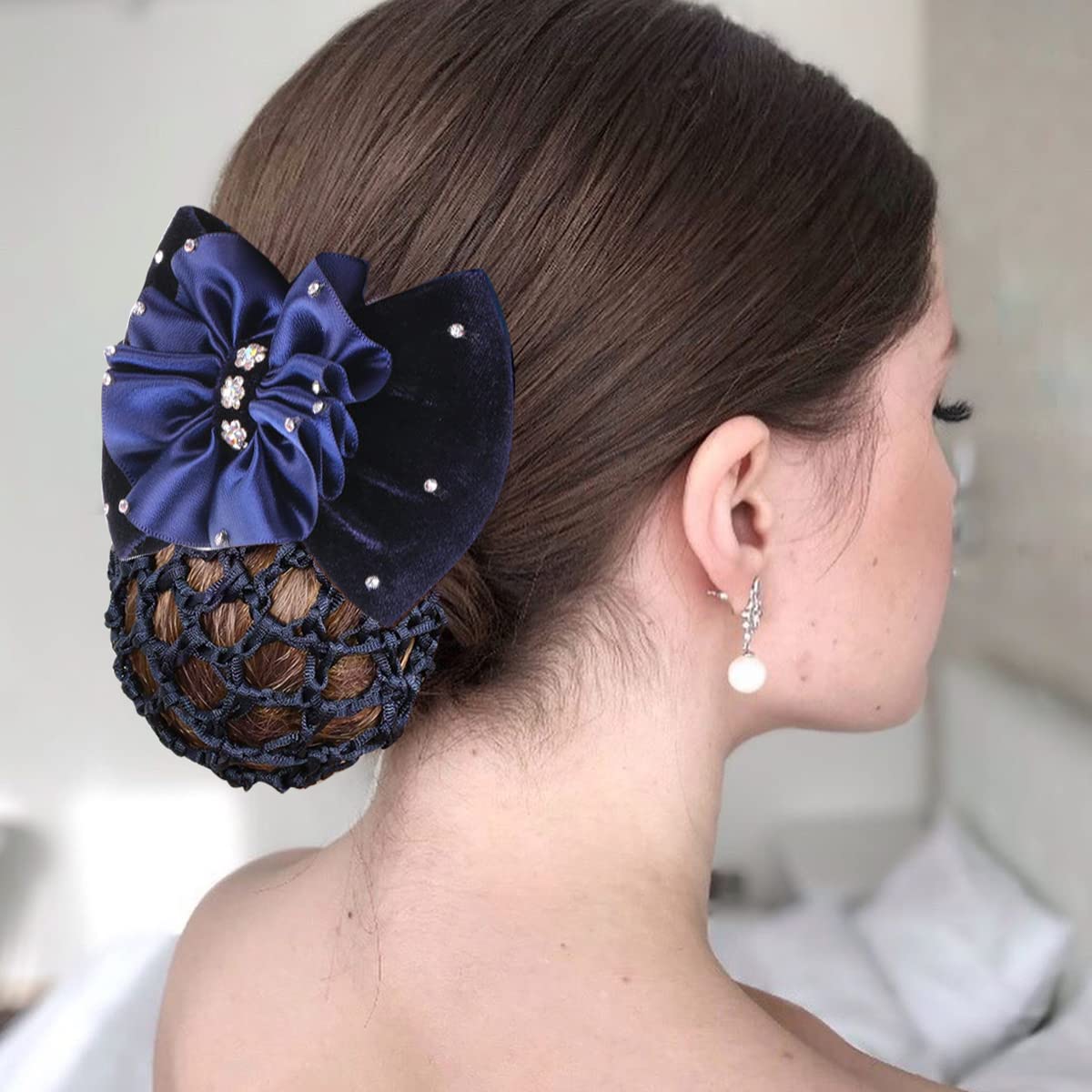 MAYCREATE Hair Bun Cover for Work and Dance featuring Alloy Spring Clip | Blue Knit Mesh Bow Hairnet