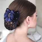 MAYCREATE Hair Bun Cover for Work and Dance featuring Alloy Spring Clip | Blue Knit Mesh Bow Hairnet